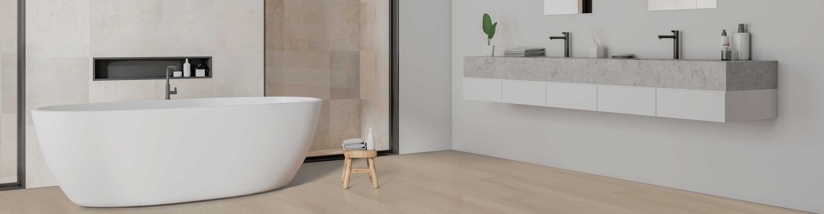 Bathroom, nude tile, white bathtub, sink