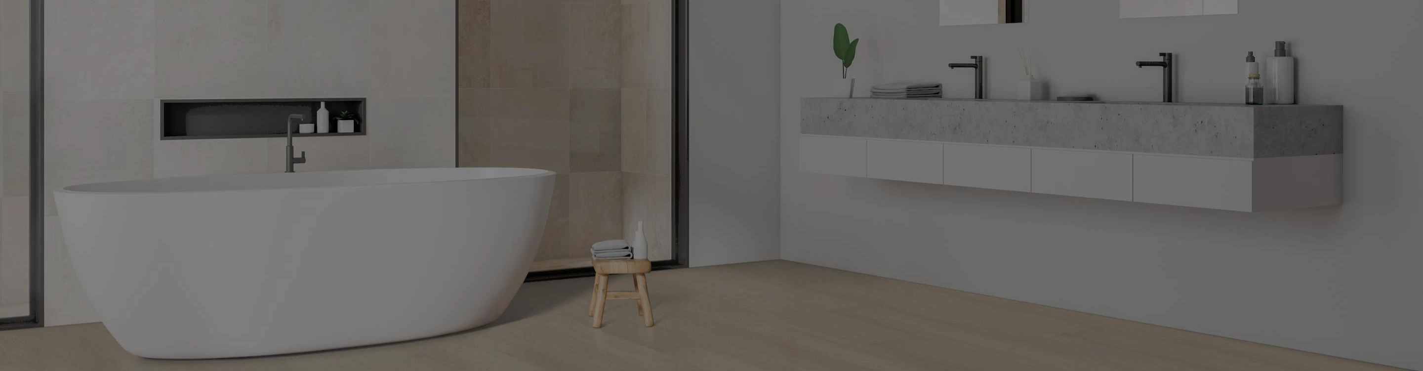 Bathroom, nude tile, white bathtub, sink