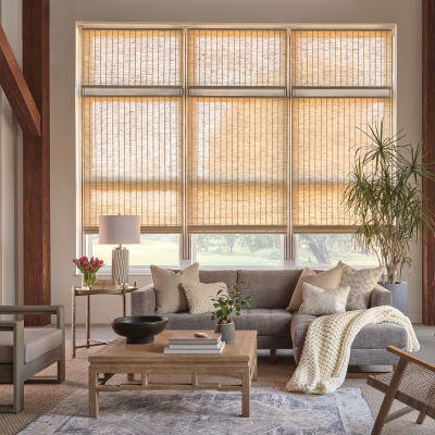 modern living room with roman shades